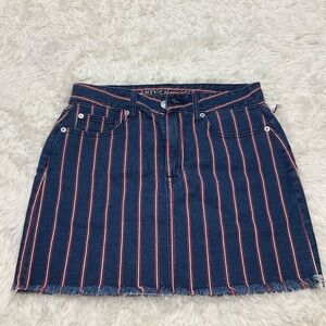 American Eagle Striped Denim Hi-Rise Mini Skirt Raw Hem Red White Navy Blue Sz 6